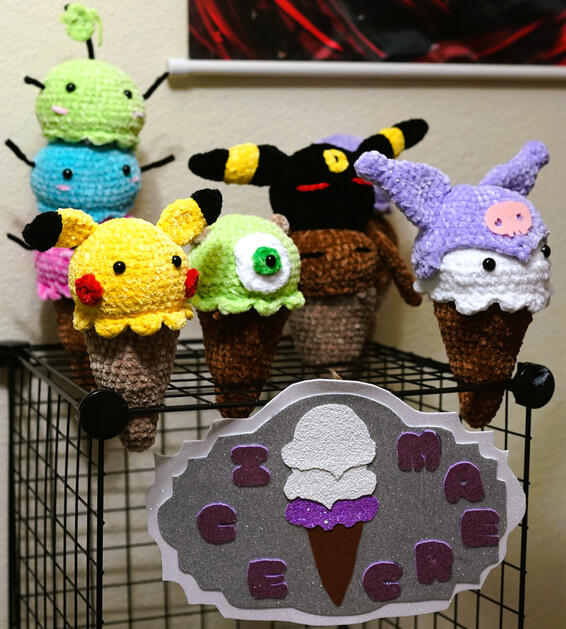 Ice Cream Pokemon pikachu. Monster inc Mike. Kuromi, Pokemon umbreon and eevee, and stardew valley junimos